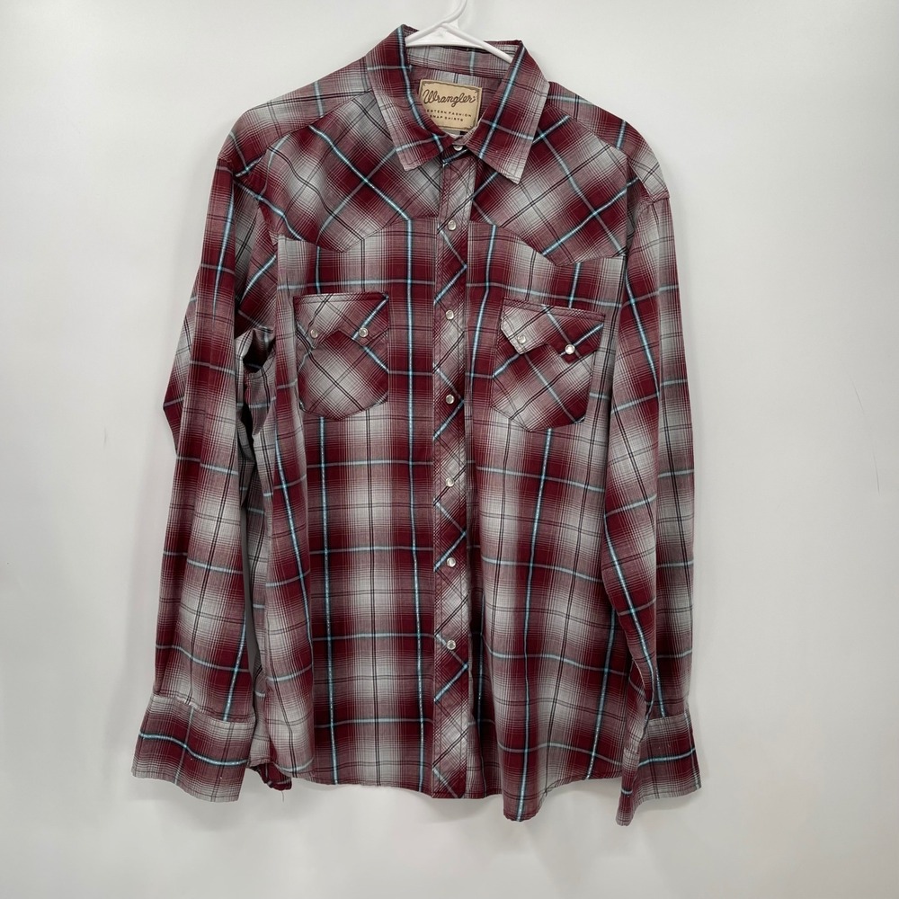 Wrangler Western Fashion‎ Snap Shirts XL Plaid Burgundy Gray Turquoise